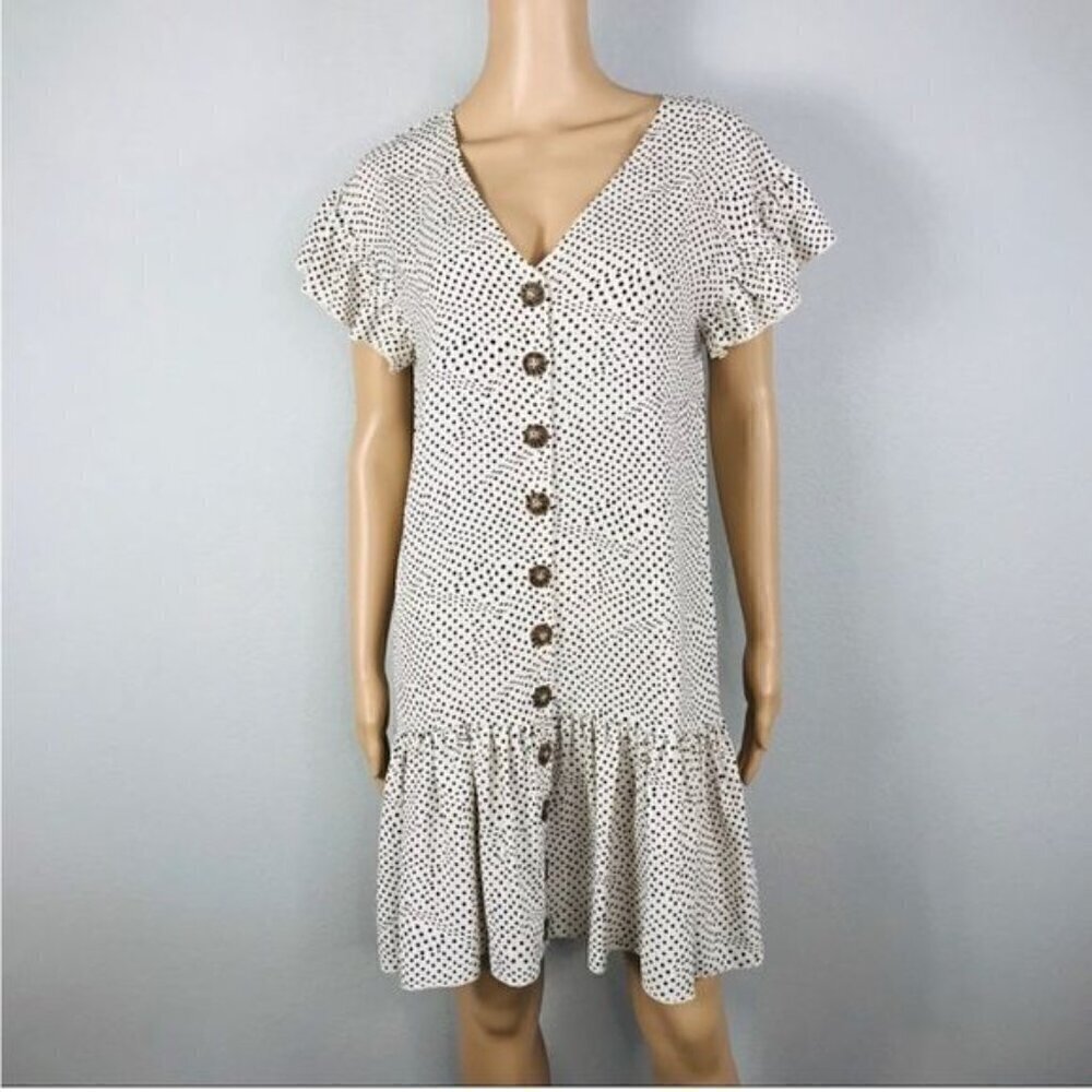 Lucca Couture Ellias Button Front Dress Ruffle Hem Black White Polka Dot Sz S